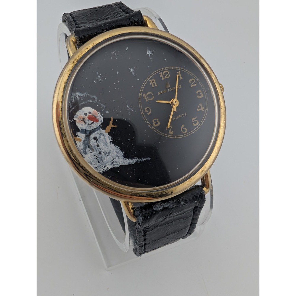 Marie Lourdes Snowman Women's Watch 41mm Case Black Leather Band- New Battery